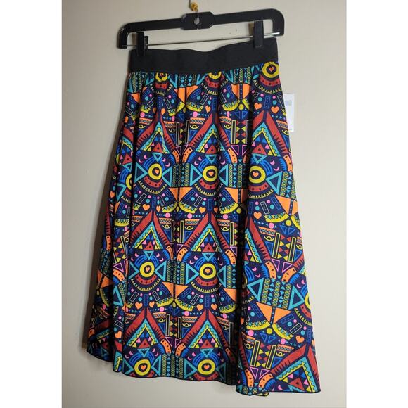 NWT LuLaRoe LOLA Midi Skirt Lined Size XS Black Band Multicolored Print Hearts - Picture 3 of 6